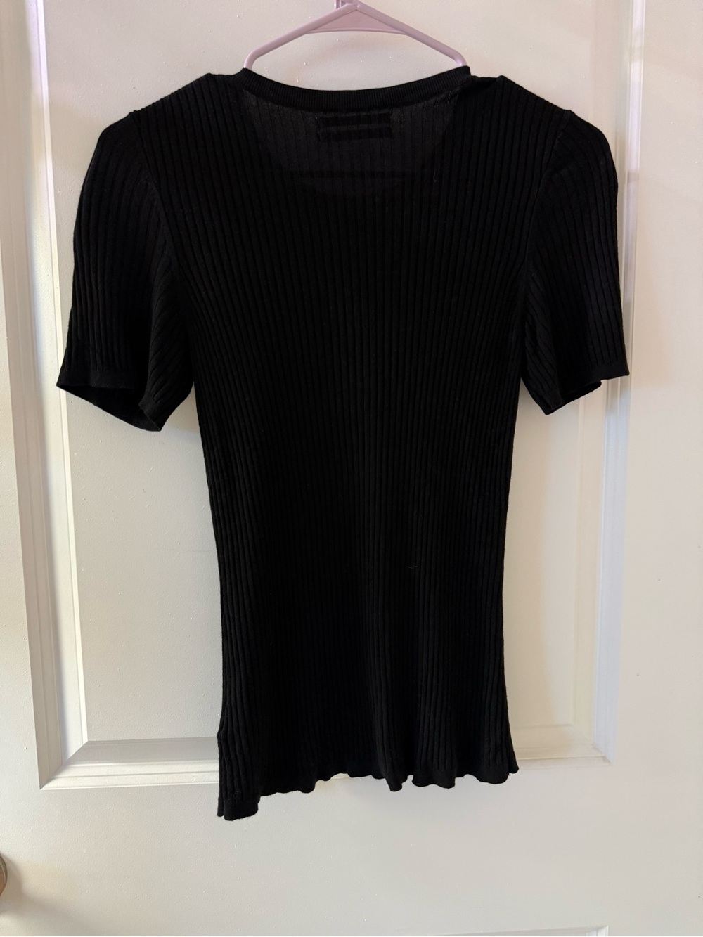 Anthropologie Black Ribbed Short-Sleeve Knit Top with Shoulder Buttons - Picture 2 of 4